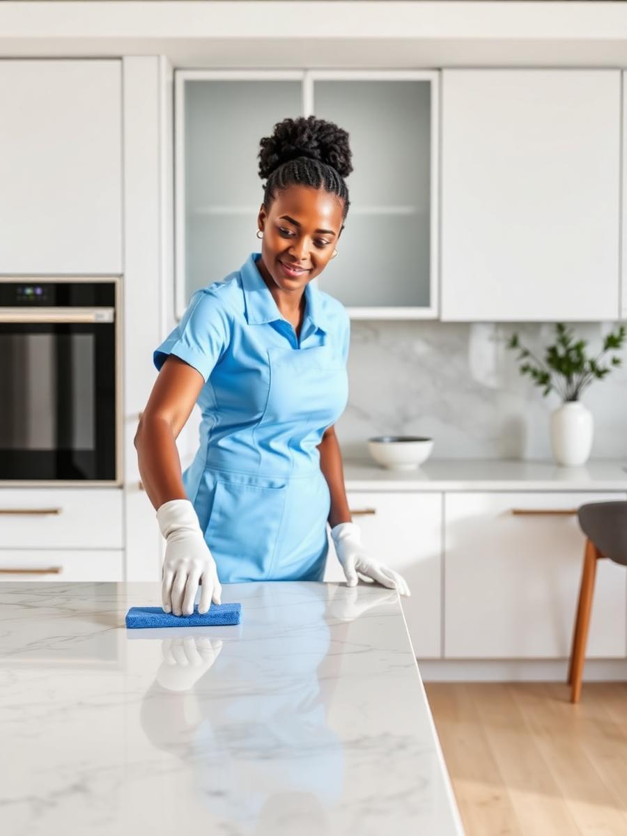 Cleaner polishing a marble kitchen counter