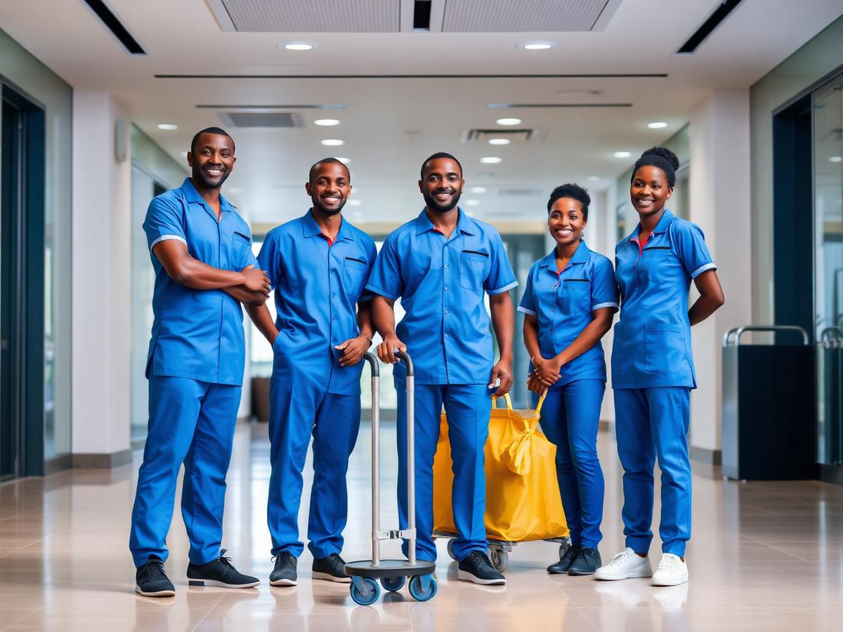 Cleaning team in blue uniforms in an office lobby
