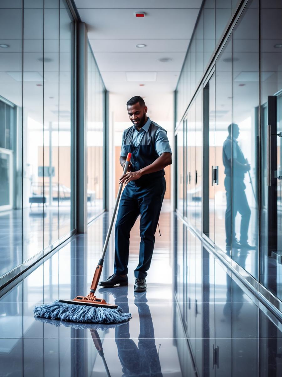 Cleaner mopping a glossy office corridor floor