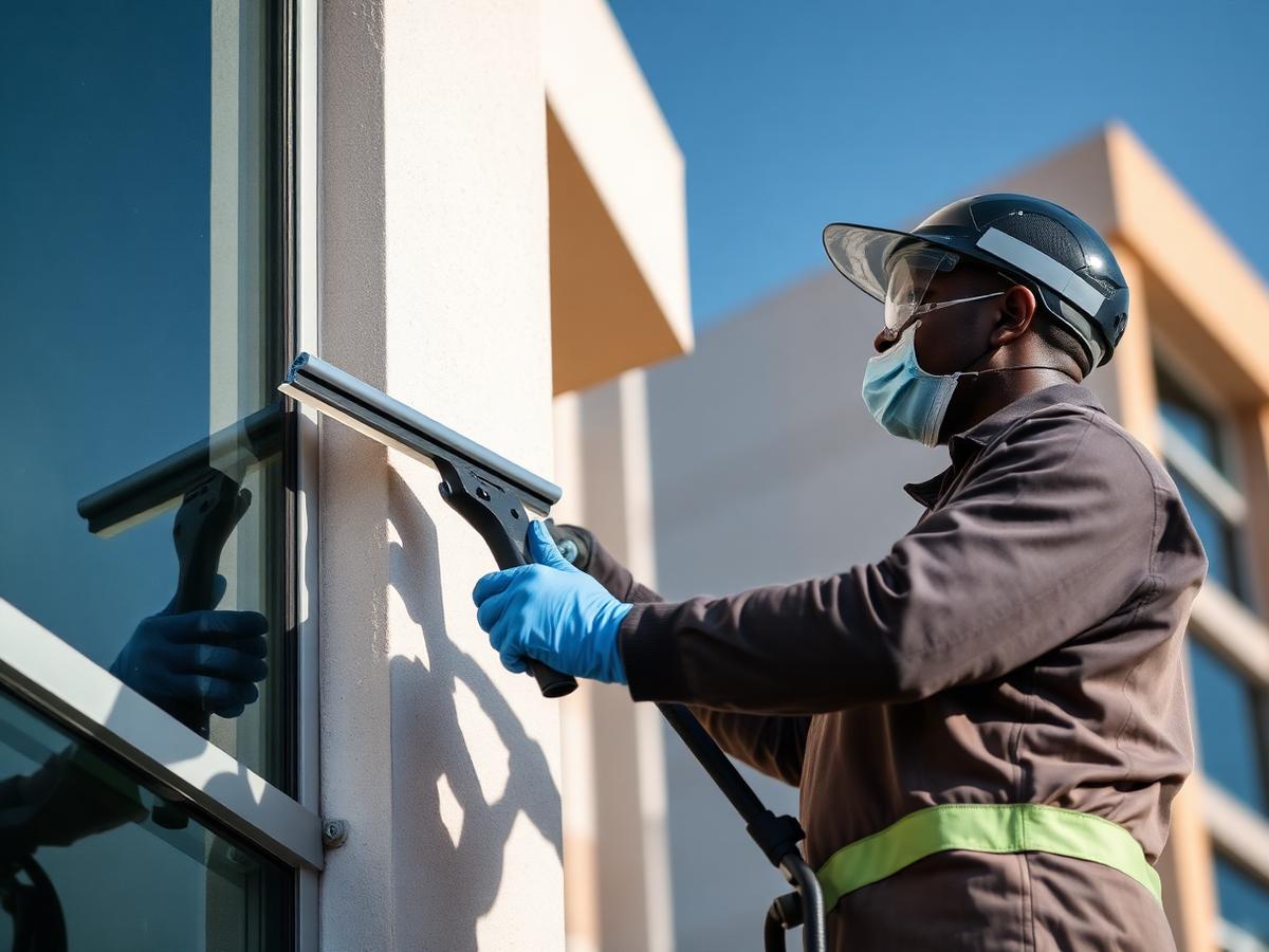 Worker cleaning exterior windows of a modern building